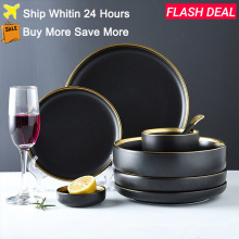 Black Porcelain Dishes Plates for Food Dinner Set Plate Ceramic Steak Plate Salad Soup Bowl Dinnerware Set for Restaurant Hotel